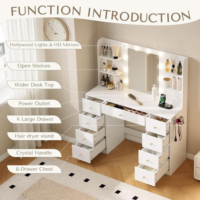 Vanity Desk with Mirror and Lights, Makeup Vanity Vanity Desk with 9 Drawers and 6 Storage Shelves Dressing Table, Vanity Desks with Power Outlet and 3 Color Modes 10 LED Bulb for Girls White