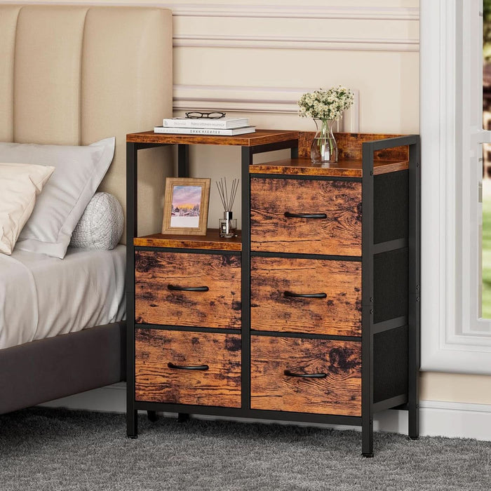 5 Drawer Rustic Brown Dresser With Metal Frame For Bedroom