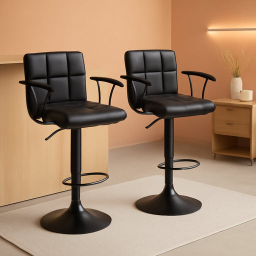 Bar Stools Set of 2, Armrest Adjustable Swivel Barstools with Back, Double Needle PU Leather Counter Height Chairs for Kitchen Lsland (Black)