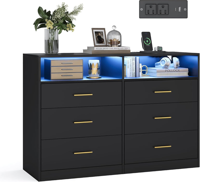 Dresser for Bedroom, with LED Lights and Power Strip, 6 Drawers