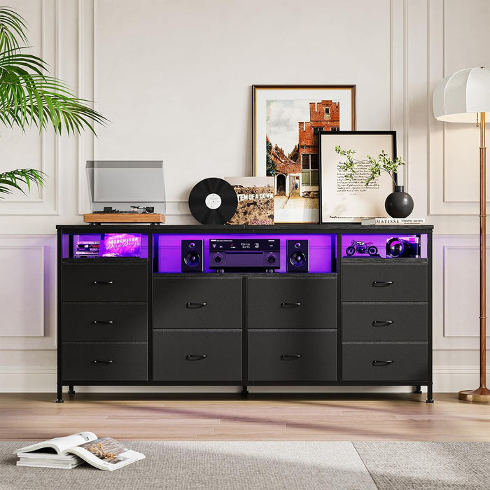 63.3 in Black Dresser for Bedroom, 10 Drawer Dresser TV Stand for 65 70 75 in TV, Fabric Chest of Drawers with LED Lights & Power Outlets, Long Entertainment Center for Closet, Living Room, Entryw