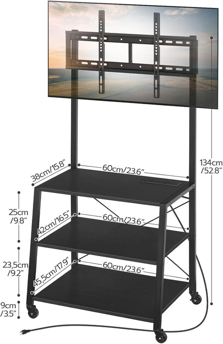 Rolling TV Stand with Mount and Power Outlet up to 55 Inch Tvs, Corner Entertainment Center, Small TV Stand with 3-Tier Storage Shelves for Living Room, Bedroom, Black BB66UDS01