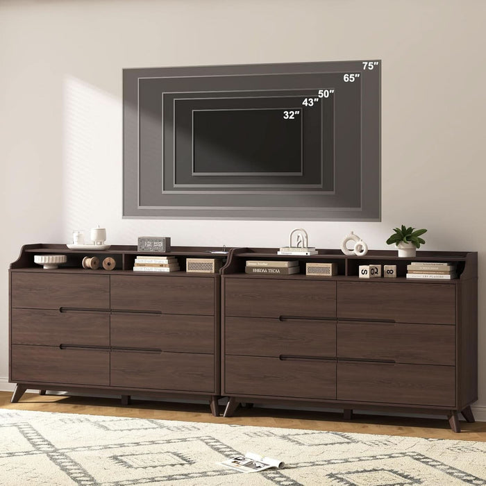 Dresser for Bedroom with 6 Drawers, 55" Large Dresser & Chest of Drawers with Charging Station, Wood Closet Clothes Storage Long Dressers Organizer for Bedroom Living Room Hallway, Brown