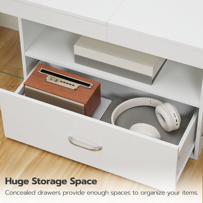 LED TV Stand with Power Outlets to 65 Inch TV, Gaming Entertainment Center with Glass Shelves and Large Drawer, Modern Media TV Console Table for Living Room Bedroom, White WT14UDDS01