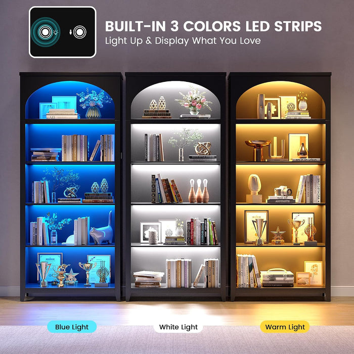 70" Arched Bookshelf with LED Lights, 5-Tier Storage for Displaying