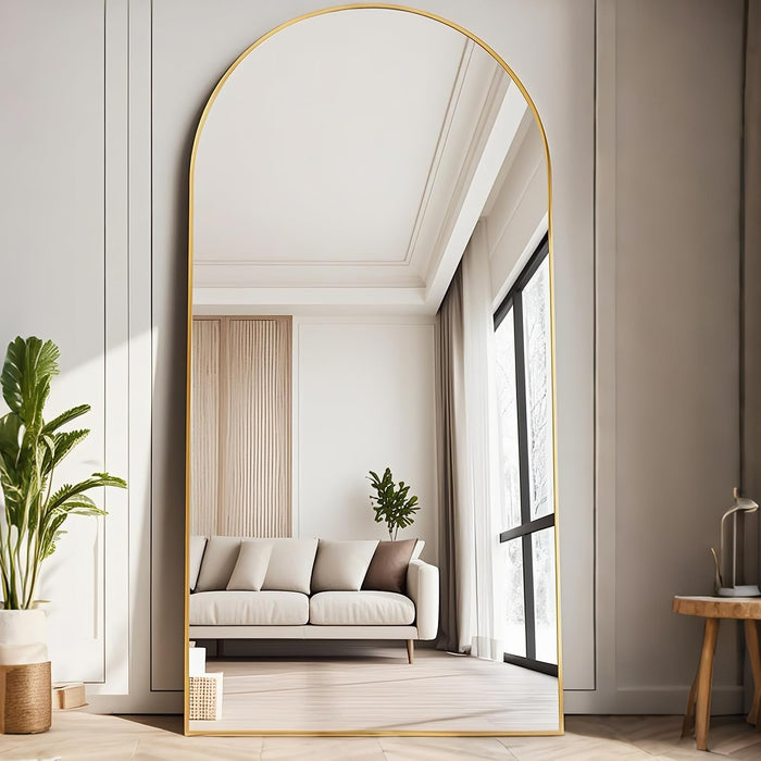 Full Length Mirror, 71''X30'' Floor Mirror with Stand, Arched Wall Mounted Mirror, Large Full Body Mirror with Aluminum Frame Hanging or Leaning for Bedroom, Living Room, Cloakroom (Gold)