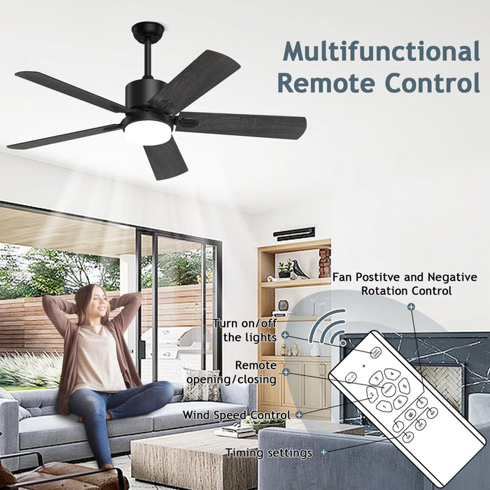 XAUJIX Ceiling Fan with Light and Remote Control, 52'' Black Ceiling Fan with Light, 6-Speed Reversible DC Motor, 5 Wood Fan Blades