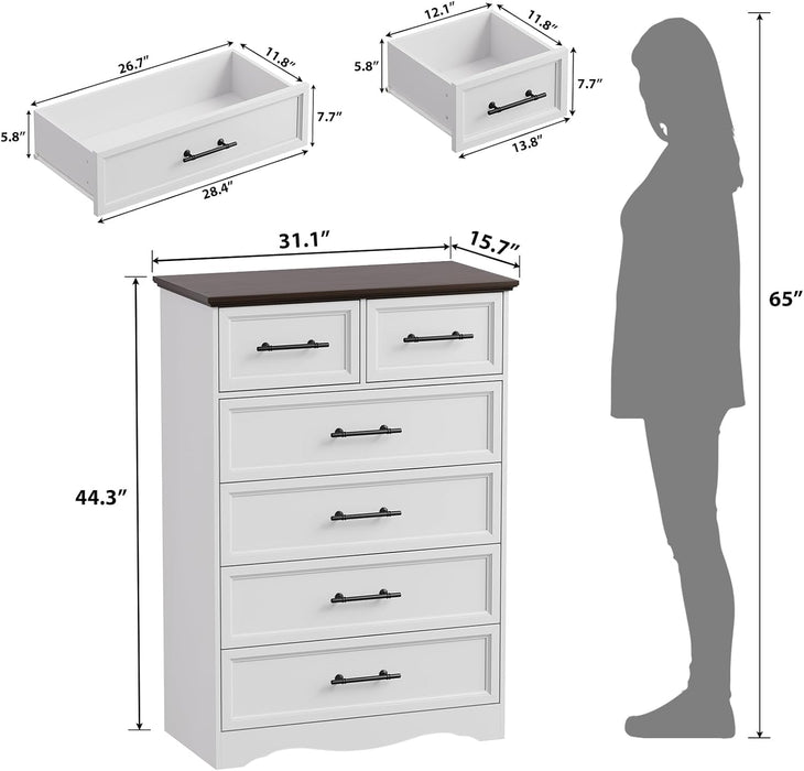 White 6 Drawers Dresser for Bedroom, 44" Tall Modern Dresser & Chest of Drawers with Brushed Metal Handle, Wood Closet Organizers and Storage Cabinet for Bedroom, Living Room