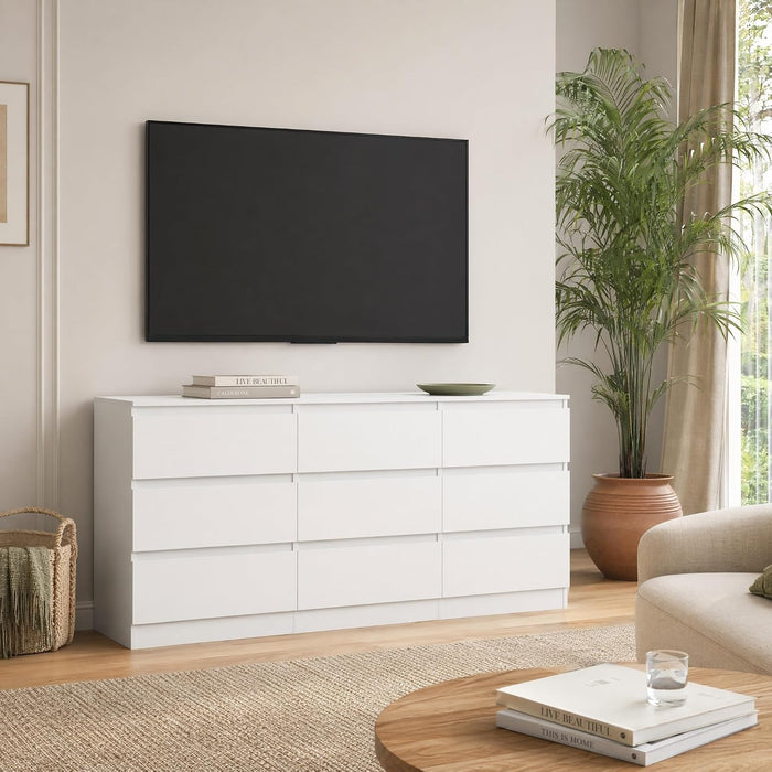 White 9 Drawer Dresser for Bedroom,Modern Deep Drawer Dresser with No-Handle Design,Wide Storage Chest of Drawers,Wood Bedroom Storage Organizer Furniture for Closet,Hallway