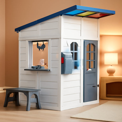 Wooden Playhouse Wendy House with Rainbow Shade, Interactive Kitchen, Working Doorbell, Mailbox & Outdoor Bench, White