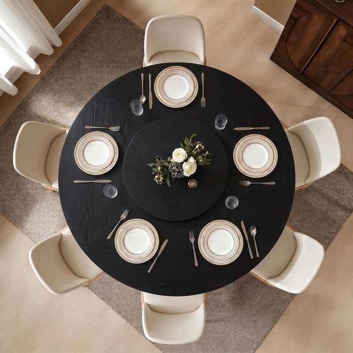 55" Fluted round Dining Table for 4-6, Mid-Century Modern Kitchen Table with Rotating Tray, 2-Tier Storage Shelf, Wood Sliding Doors and Pedestal Base, Black