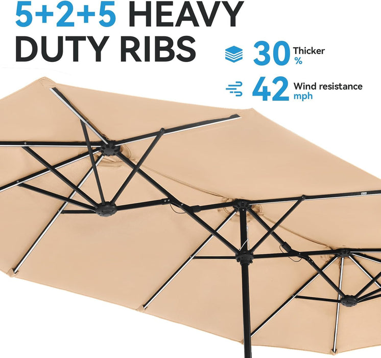 13Ft Outdoor Patio Umbrella with Solar Lights, 120 LED 12-Mode Large Double Sided Rectangular Table Umbrella, Heavy Duty Triple-Head Shade for Backyard Deck & Poolside, Beige (No Base)