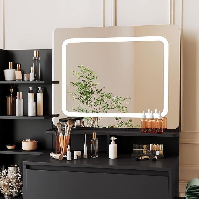 36-Inch Modern Vanity Desk with Mirror and Lights -Dressing Table with 3 Lighting Color Adjustable, Makeup Vanity Table with 4 Drawers, Power Outlet, USB Ports, Stool for Bedroom, Women,