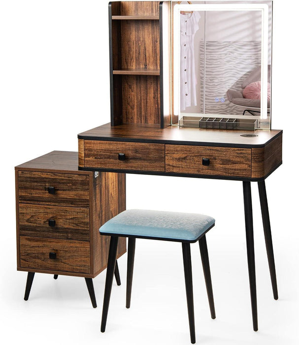Makeup Vanity Table with Large Lighted Mirror, 3 Lighting Sets, Human Body Induction, Side Cabinet, 2 Drawers, Storage Shelves, Cosmetic Tray, Dressing Vanity Desk with Stool