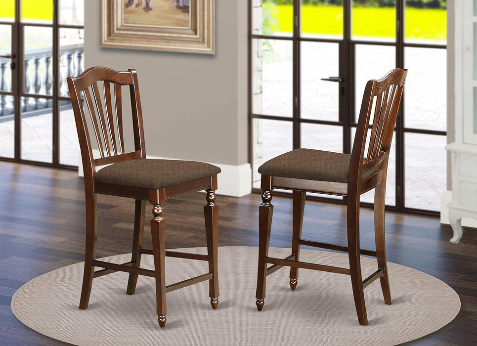 CHS-MAH-C Chelsea Counter Height Stools - Linen Fabric Upholstered Wood Dining Chairs, Set of 2, Mahogany