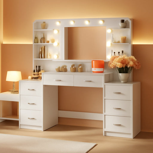Large Vanity Desk with Mirror & Lights, White Makeup Vanity with 8 Drawers & 6 Storage Shelves, Vanity Set with LED Lights and Power Outlet, 3 Lighting Modes, Adjustable Brightness