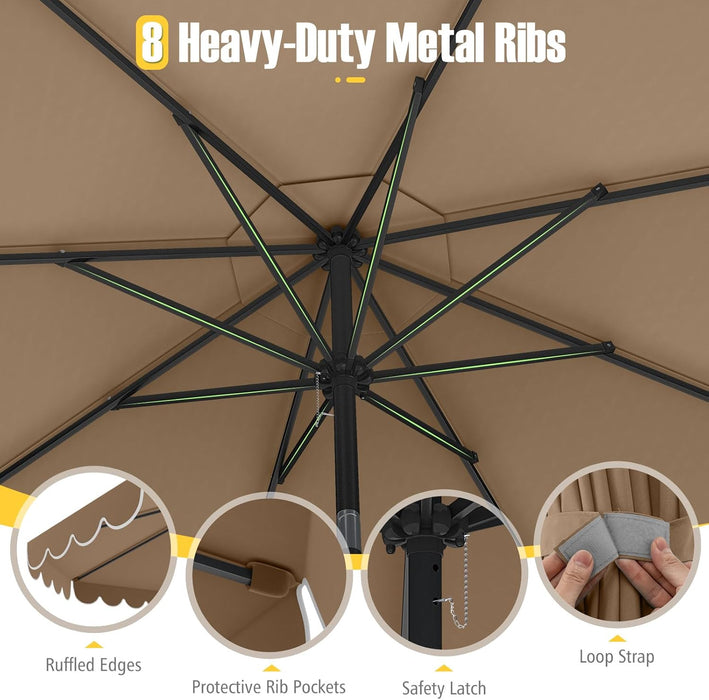 10 FT Patio Umbrella, 2-Tiers Scalloped Outdoor Table Market Umbrella with Tilt Adjustment, Crank, 8 Sturdy Ribs for Pool, Deck, Backyard (Coffee)