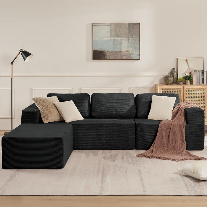 106Inch Black Convertible Corduroy Modular Sectional Sofa