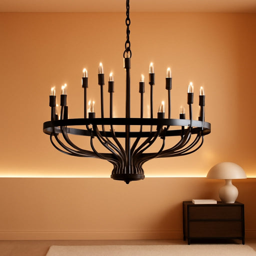 Large Black Chandelier 24-Light, round 39 in Wagon Wheel Light | 3-Tier Farmhouse Candle Pendant with E12 Base for Dining Room, Foyer, Living Room, Hallway, High Ceiling