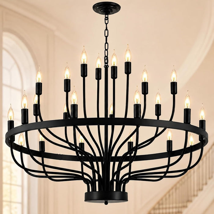 Large Black Chandelier 24-Light, round 39 in Wagon Wheel Light | 3-Tier Farmhouse Candle Pendant with E12 Base for Dining Room, Foyer, Living Room, Hallway, High Ceiling