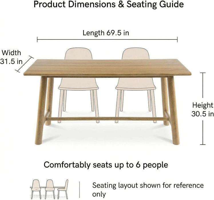 69" Dining Table for 4-6, Wood Kitchen Table with Solid Wood Legs, Modern Farmhouse Dining Furniture for Dining Room, Living Room & Home Office, Natural Finish
