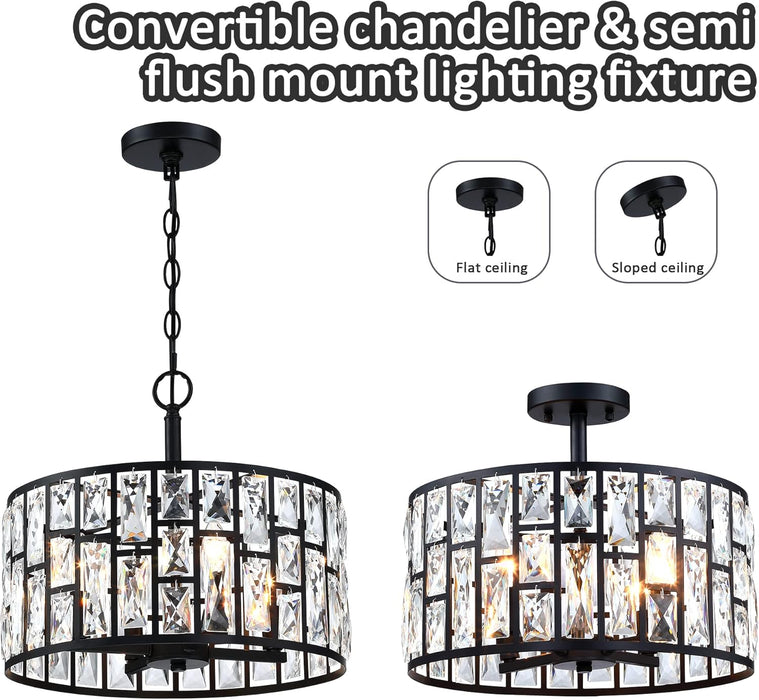 Farmhouse Crystal Convertible Chandelier and Semi Flush Mount Lighting Black Cylinder Drum Shade Pendant for Kitchen Island Dining Room Bedroom Hallway