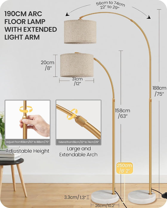 75" Dimmable Gold Arc Floor Lamp with Marble Base, Adjustable Height, Beige