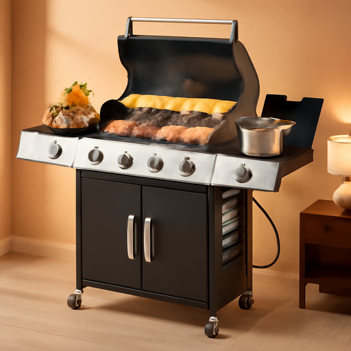 Upgraded 44,000 BTU Stainless Steel Burner Barbecue Grill, 4 Burner BBQ Propane Gas Grill with Side Stove & Cast Iron Grates for Patio, Camping, Outdoor Cooking