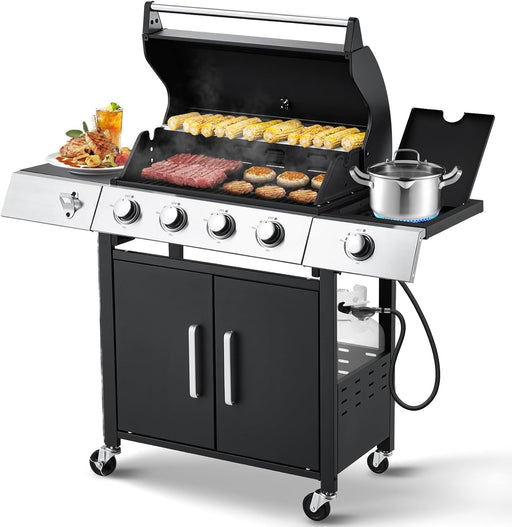 Upgraded 44,000 BTU Stainless Steel Burner Barbecue Grill, 4 Burner BBQ Propane Gas Grill with Side Stove & Cast Iron Grates for Patio, Camping, Outdoor Cooking