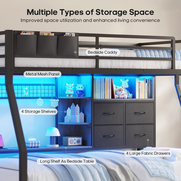 Bunk Bed Twin over Twin with 4 Storage Drawers & Shelves & Bedside Caddy, Twin Bunk Beds with Charging Station & LED Lights, Metal Loft Bed with Safety Guardrail & Angled Ladder, Black & Grey