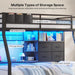 Bunk Bed Twin over Twin with 4 Storage Drawers & Shelves & Bedside Caddy, Twin Bunk Beds with Charging Station & LED Lights, Metal Loft Bed with Safety Guardrail & Angled Ladder, Black & Grey