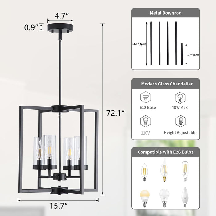 Black Chandeliers for Dining Room, 4-Light Entryway Chandelier for Foyer, 15.7" Hanging Kitchen Light Fixtures Geometric Modern Farmhouse Chandelier for Entryway Hallway Living Room Stairway