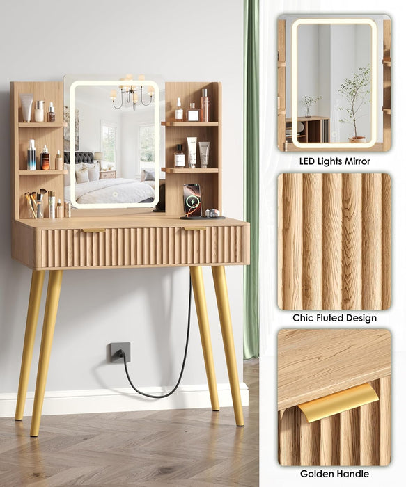 29.5" Small Makeup Vanity with Adjustable Light Mirror, Fluted Vanity Table with 2 Drawer & 4 Open Storage Shelf, 3 Light Modes and Brightness, for Woman and Girls, Bedroom,Natural Oak