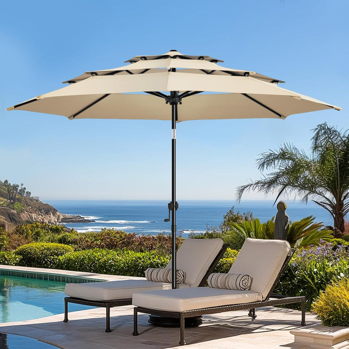 9Ft 3-Tier Patio Umbrella Outdoor Table Market Umbrella for Patio with Push Button Tilt/Crank, Fade Resistant Waterproof POLYESTER Canopy for Garden, Lawn, Deck, Backyard & Pool, Beige
