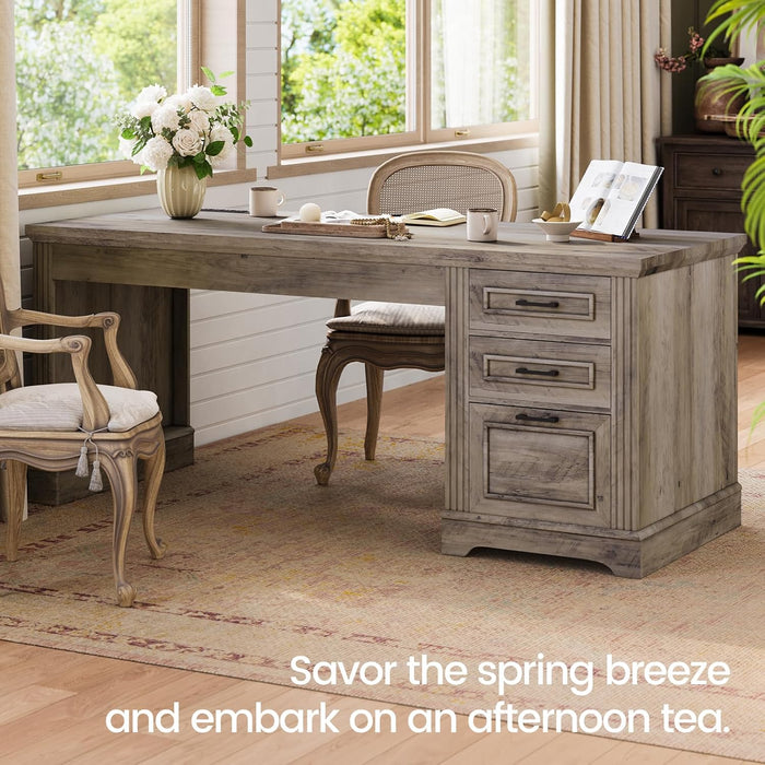 Farmhouse 55" Executive Desk, Computer Desk with Storage Drawers and Power Outlet, Home Office Desk, Workstation for Office Home, Grey
