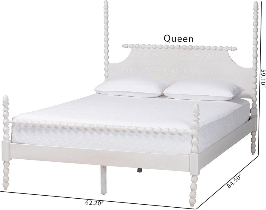 Caliana Bobbin Four-Poster Platform Bed - Wooden Bed Frame with Turned Spindle Posts and Panel Headboard, Vintage-Inspired Bedroom Furniture, White, Queen