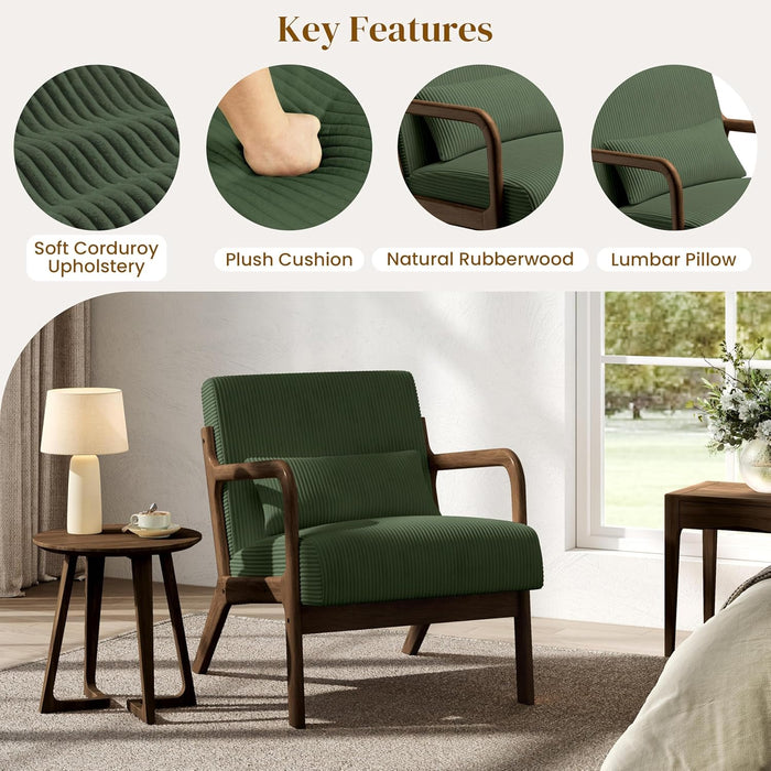 Accent Chair for Living Room, Corduroy Mid Century Modern Reading Armchairs with Lumbar Pillow for Bedroom, Decorative Sofa Chair for Adult Dark Green/Set of 2