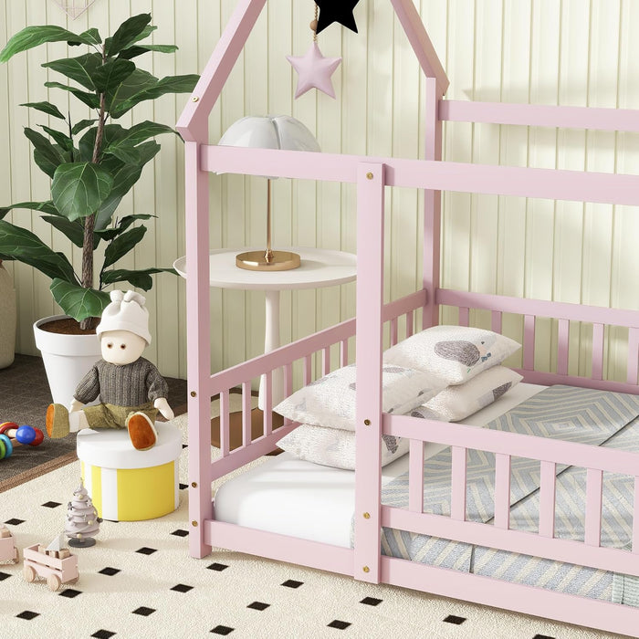 Pink Full Size Montessori Floor Bed SolidWoodFrame