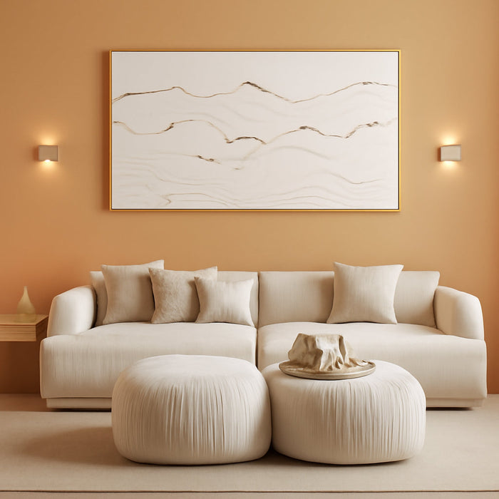 Large Wavy Line White Abstract Wall Art with Frame Minimalist Modern Hand Drawn Painting Textured Poster for Living Room Dining Room Bedroom Decor 29"X58"