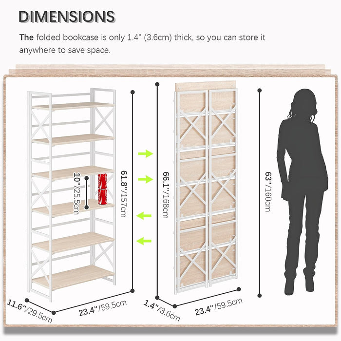 6 Tiers No Assembly Book Shelves, 61.8" H Folding Bookshelf Bookcase Open Industrial Foldable Shelves for Bedroom, Living Room, Home Office - Natural White