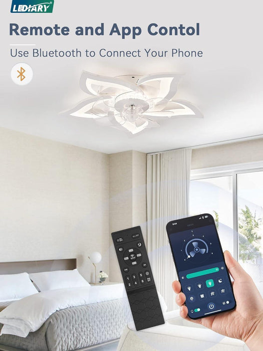 Flower Ceiling Fans with Lights, Small 27 Inch Modern Low Profile Ceiling Fan, Dimmable LED Ceiling Light Fixture, Flush Mount Ceiling Fans with Remote for Bedroom, Kitchen, Indoor-White