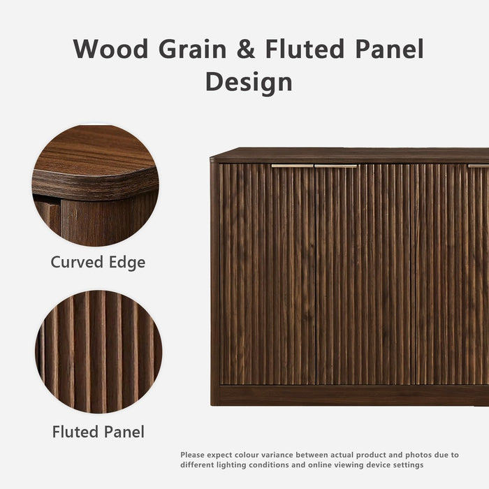 59" Fluted Buffet Cabinet Sideboard with Storage, Large Credenza with 4 Doors, 2 Adjustable Shelves, Wood Mid Century Modern Sideboard for Kitchen and Living Room, Walnut Brown