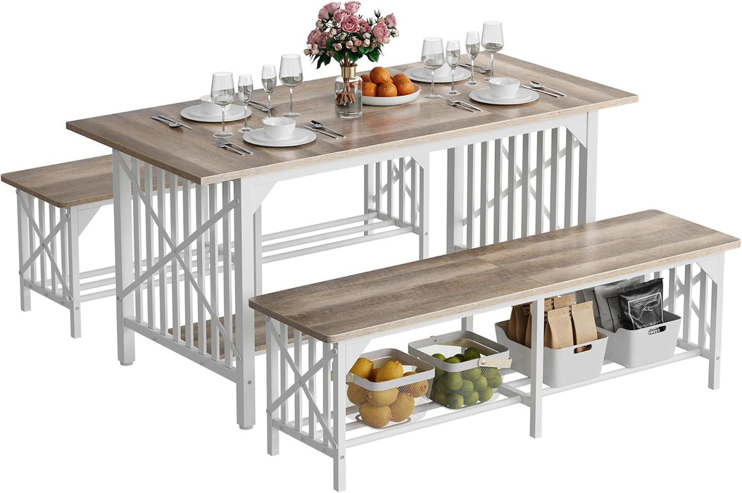 3-Piece Dining Table Set for 4-6 People, 63" Dining Room Table with 2 Benches, Industrial Rectangular Dining Room Table Set with Storage for Kitchen, Dining Room, Washed Grey