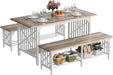 3-Piece Dining Table Set for 4-6 People, 63" Dining Room Table with 2 Benches, Industrial Rectangular Dining Room Table Set with Storage for Kitchen, Dining Room, Washed Grey