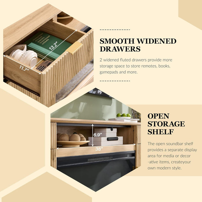 Fluted Fireplace TV Stand for Tvs up to 80 Inch, Modern Entertainment Center with 36" Electric Fireplace, Wood Media Console W/Drawers and Adjustable Shelves for Living Room, Natural