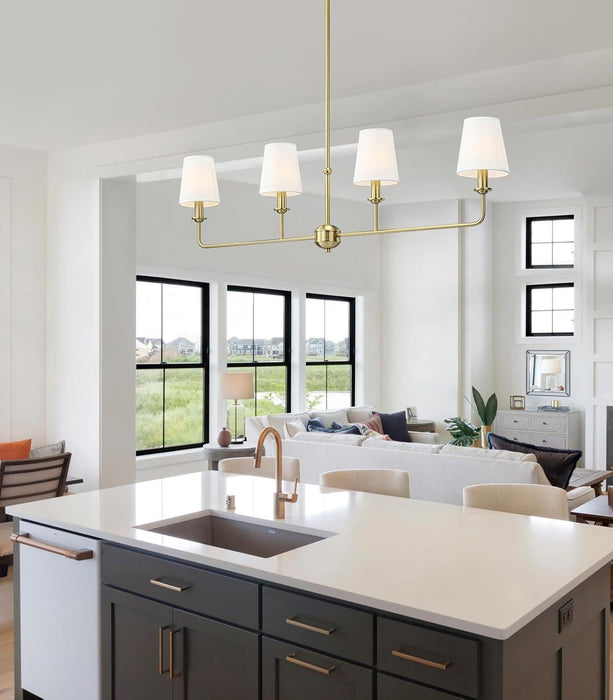 4-Light Brushed Gold Chandelier, Height Adjustable Island Dining Room Light with White Fabric Shades, E12 Base, Farmhouse & Industrial Style for Kitchen Living Room