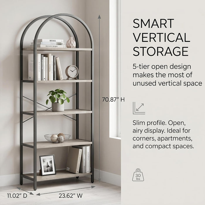 71" Arched Bookcase, 5-Tier Industrial Bookshelf with Metal Frame, Tall Storage Display Shelf for Living Room, Bedroom, Home Office, Gray