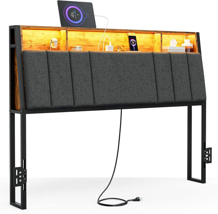 Queen Size Hidden Storage Headboard with LED Lights, Ergonomic Upholstered Queen Headboard Only with Charging Station, 2 Outlets & 2 USB Ports, Easy Assembly, Attach Frame, Dark Grey