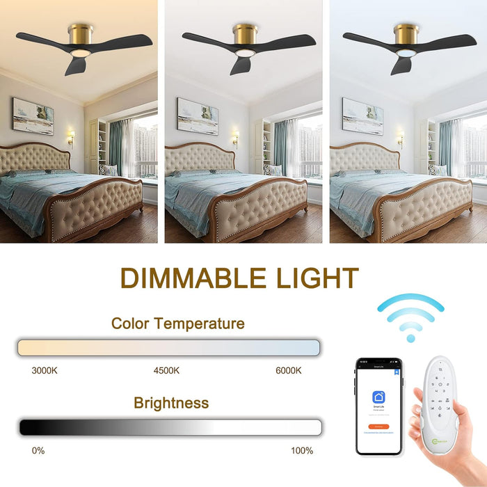 52 Inch Smart Ceiling Fan with Light and Remote, Indoor 3 Blade Black Gold Low Profile Flush Mount Modern Ceiling Fan for Bedroom Living Room