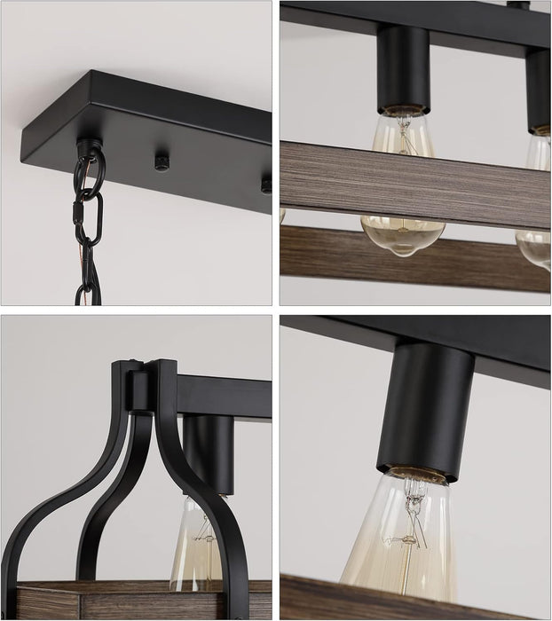 Rustic Kitchen Island Dining Room Light Fixture Farmhouse Linear Chandelier Black and Retro Wood Finish 5-Light Industrial Metal Hanging Pendant Light UL Listed L33.5 W10.6